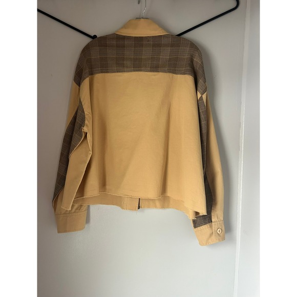 POL Tan Plaid Colorblock Cropped Shacket Mixed Media Button Front Jacket Small - Picture 4 of 7